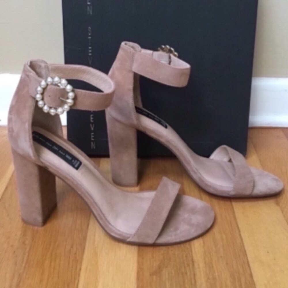 Steven by Steve Madden Elm Blush Suede Pearl Embellished Ankle Strap Sandals
